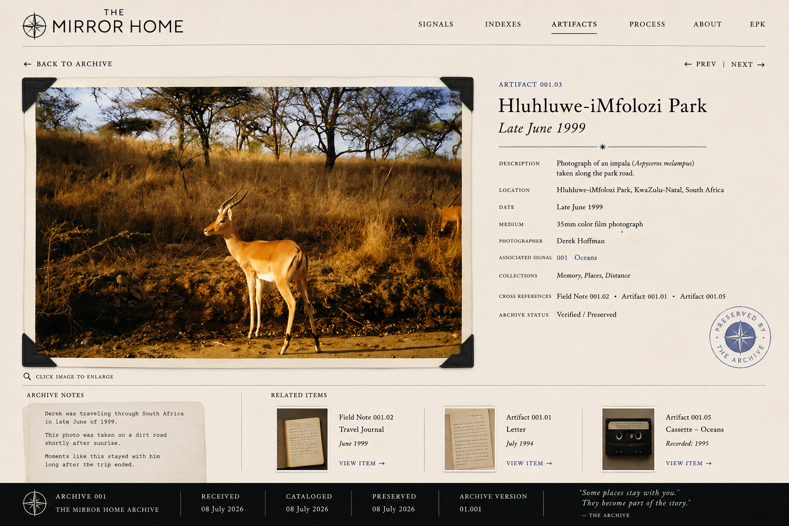 The Mirror Home archival website interface