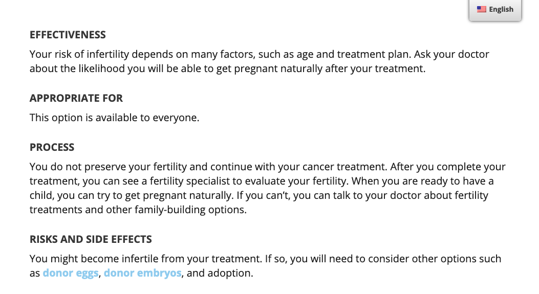 Original Pathways detailed fertility-preservation information screen.