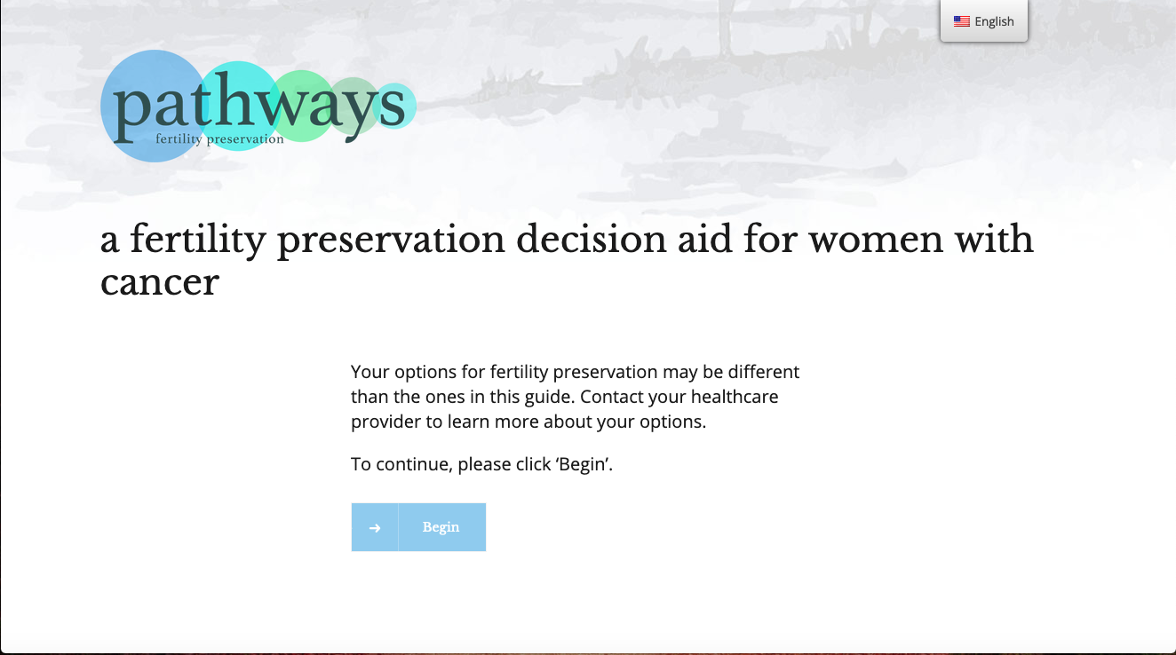 Original English Pathways home screen for the fertility-preservation decision aid.