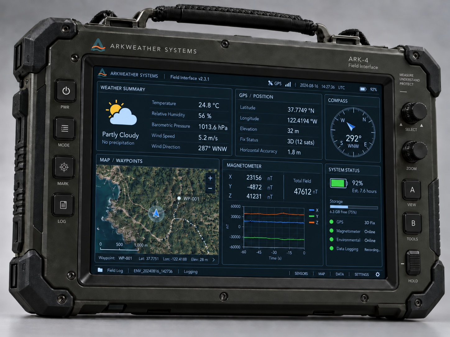 ARK-4 field analysis tablet with Arkweather interface showing weather, GPS, and magnetometer data