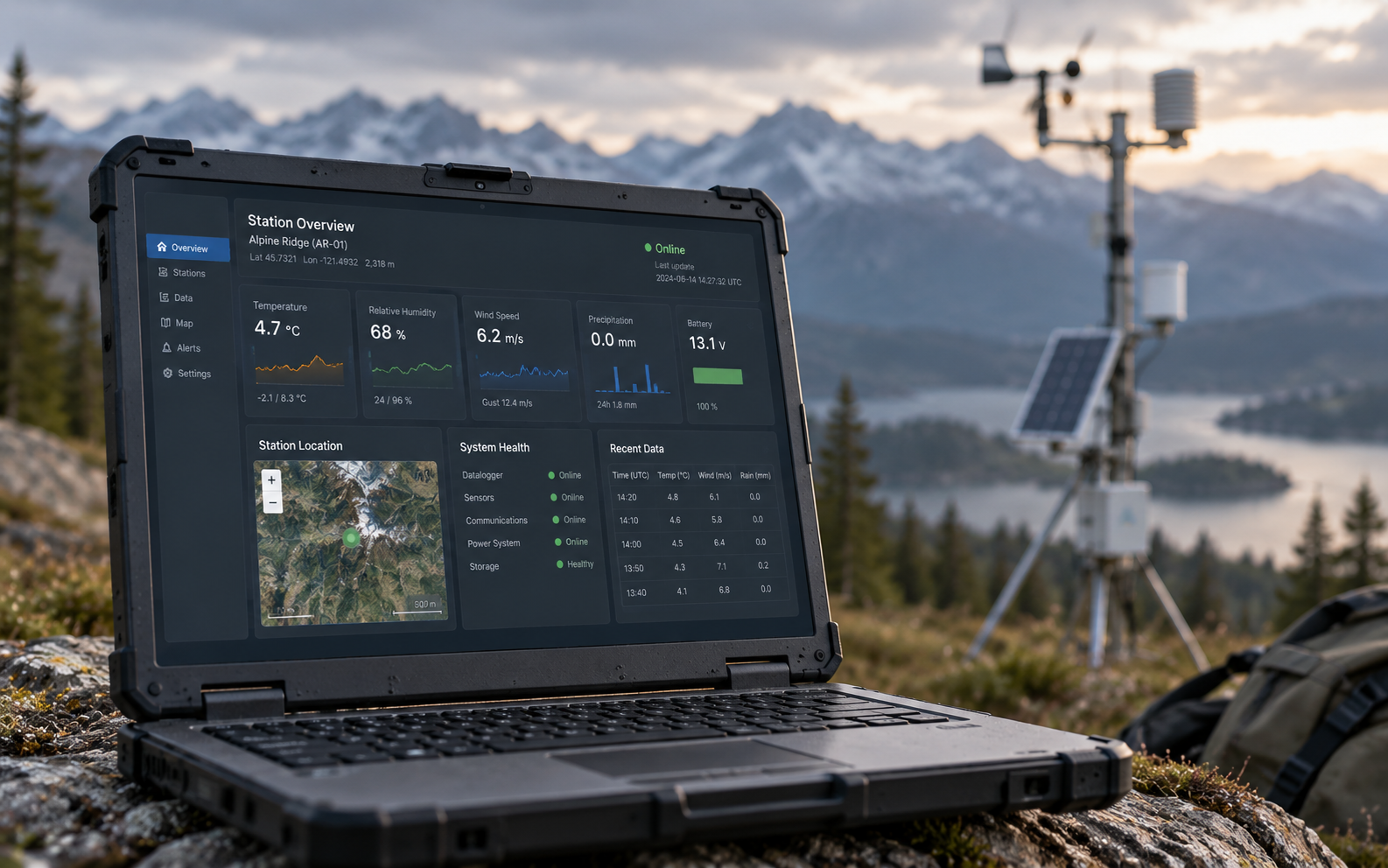 Rugged Arkweather field laptop displaying a live telemetry dashboard beside a remote mountain station