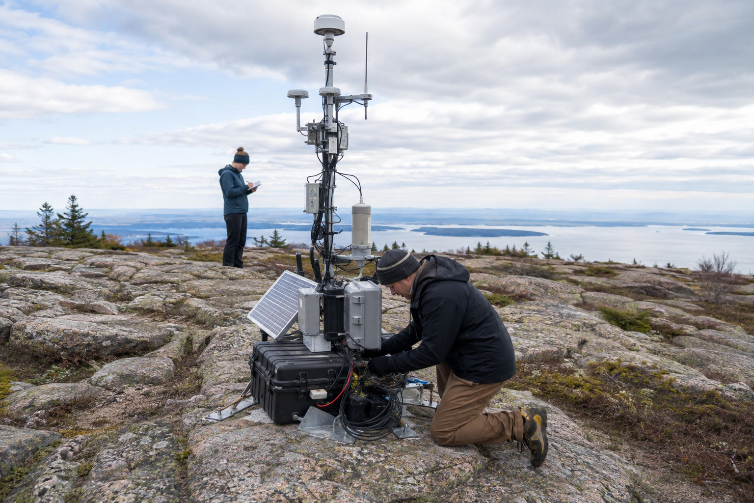 Wyman Laboratory field team servicing the NA-17 monitoring station on Mount Desert Island, Maine
